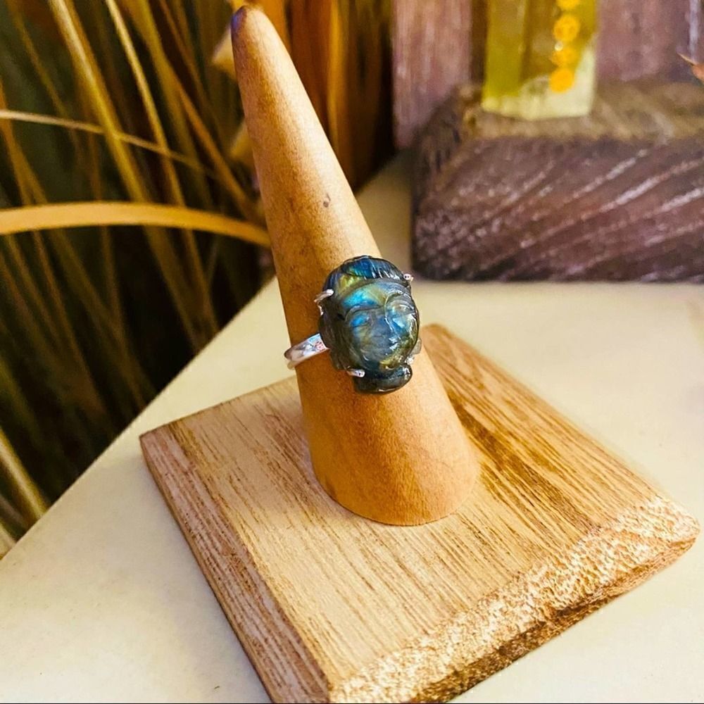 Buddha Labradorite Face Carved Solid Sterling Silver Ring